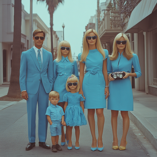 Family in blue outfits pose for fashion magazine photo.