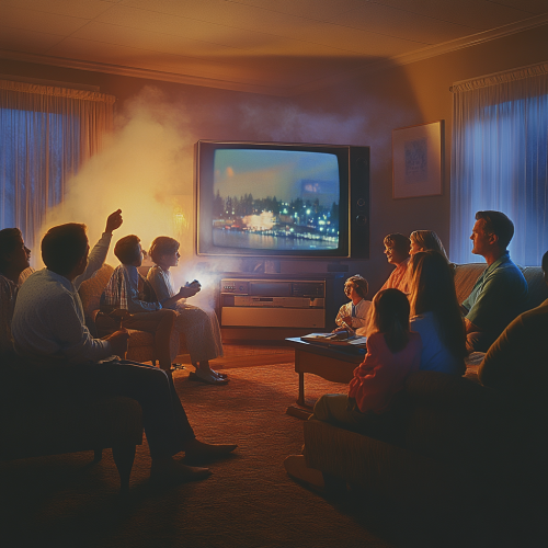 Family watching tv in living room shocked and engaged.