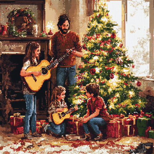 Family with 3 kids at Christmas by tree