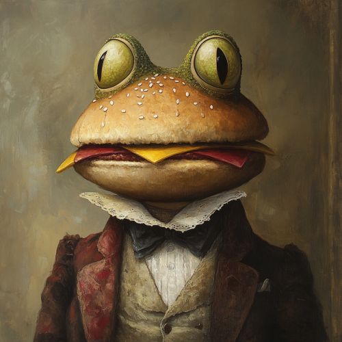 Fancy mayor with hamburger head and frog eyes.