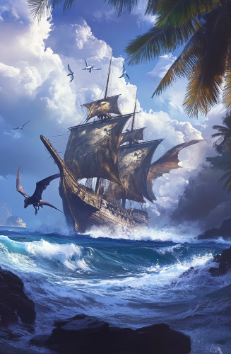 Fantasy artwork of dragon attacking pirate ship. Fantasy artwork of dragon attacking pirate ship.