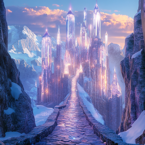 Fantasy castle in mountains with crystal towers