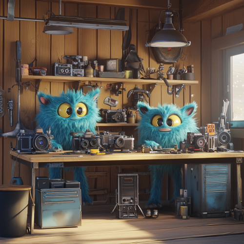 Fantasy gremlin mechanics fix cinema cameras in quirky shop