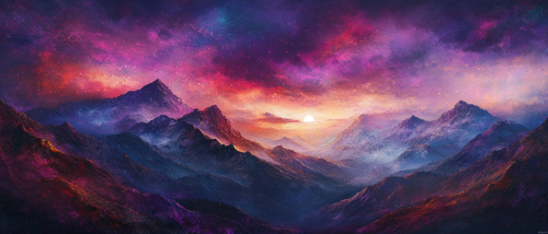 Fantasy mountain range with purple sunset glow
