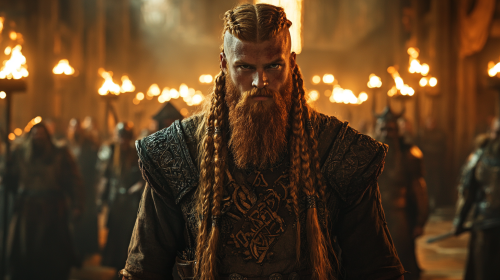 Fantasy movie still: tall viking hunter in crowd.