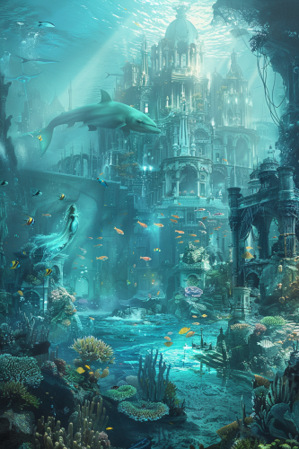 Fantasy realm: Underwater kingdom with coral reefs and mermaids.