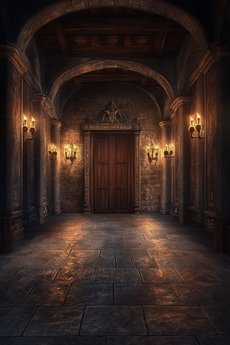 Fantasy room with torches, grey stones, wooden door.