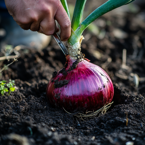 Farmer removes soil around big red onion with spoon. Farmer removes soil around big red onion with spoon.