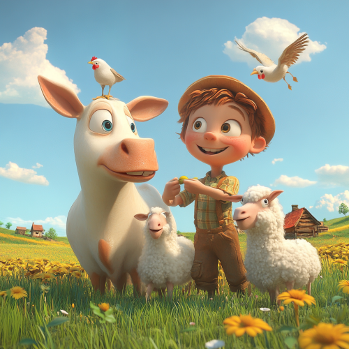 Farmers playing with farm animals under blue sky. Farmers playing with farm animals under blue sky.