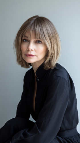 Fashion icon Anna Wintour posing in elegant black shirt.
