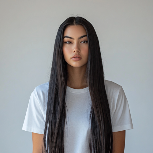 Fashion photo: black-haired model in white crewneck