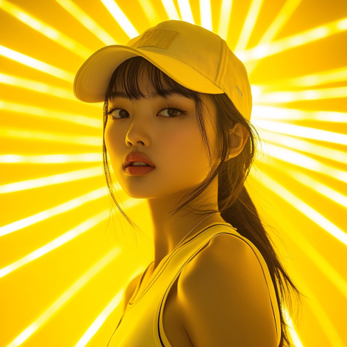 Fashionable Asian Girl in sports wear on yellow background