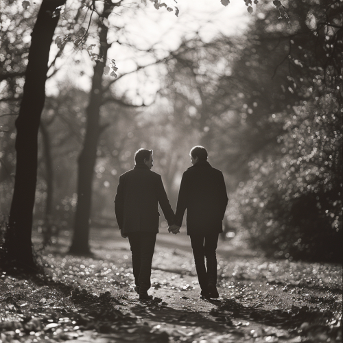 Father and Son Walking in Park, Morning Sunlight