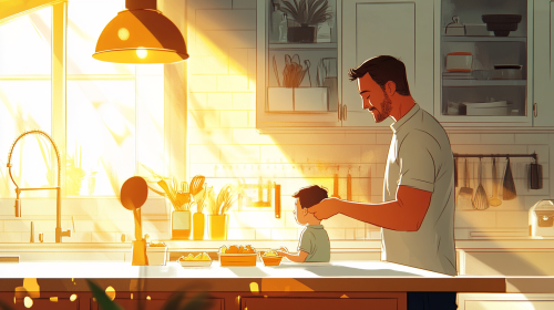 Father preparing lunch for young son in modern kitchen.