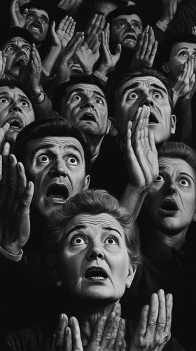 Fearful faces in crowd, clapping during Stalin's speech.