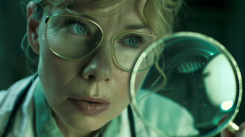 Female Doctor Examining Through Magnifying Glass