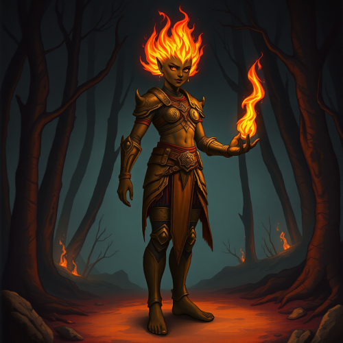 Female Fire Genasi in Medium Armor Holding Flame Female Fire Genasi in Medium Armor Holding Flame