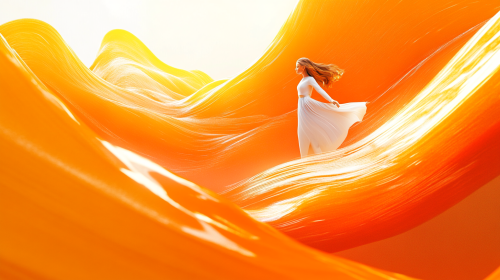 Female Office Worker Riding Futuristic Energy Wave