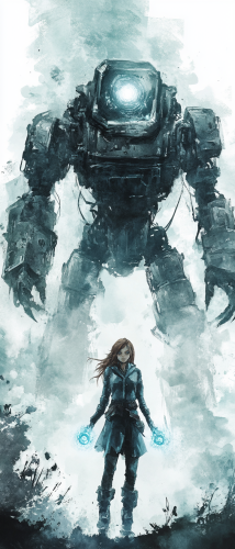 Female adventurer and metal golem in eerie fantasy world.