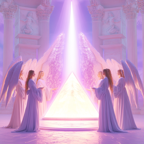 Female angels in white robes, near glowing orb.