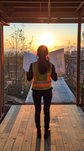 Female architect checking blueprints in front of building