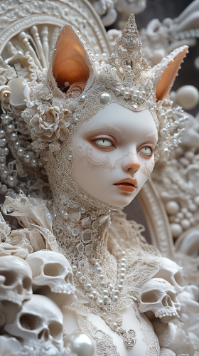 Female demon made of cat skulls in ivory cathedral.