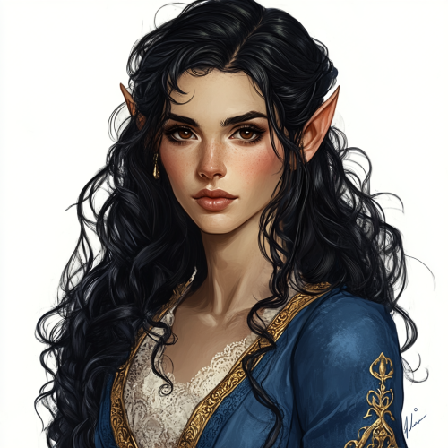 Female elf noble with flowing black hair, blue gown.