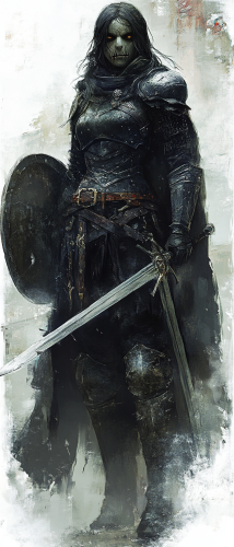 Female half-orc fighter, sword, shield, heavy armor, ethereal.
