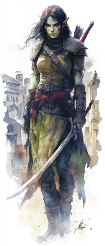 Female half-orc fighter in dark fantasy setting. Ethereal mood, watercolor art with medieval city background.