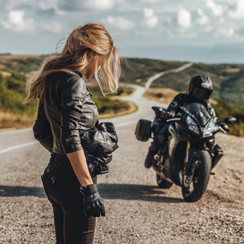 Female motorcyclist dressing with motorcycle on road mockup  Female motorcyclist dressing with motorcycle on road mockup