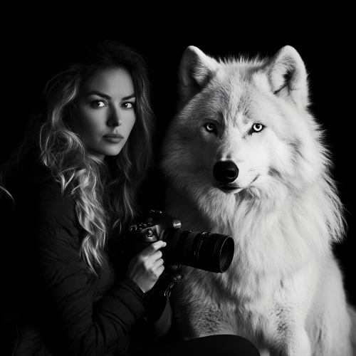 Female nature photographer posing with white wolf in studio.