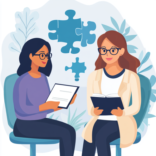 Female psychologist, woman, glasses, smiling, notebook, office, vivid, lifelike, blue puzzle pieces.