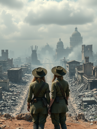 Female soldiers in destroyed city with virtual reality.