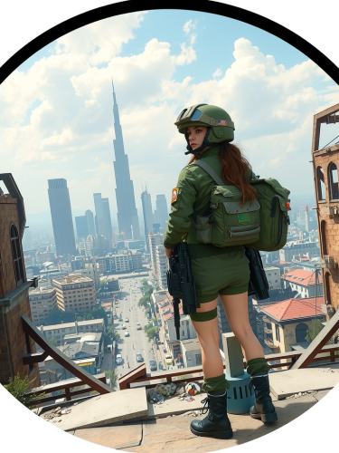 Female soldiers in front of destroyed city.