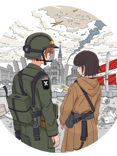 Female soldiers stand in destroyed city (VR drawing).