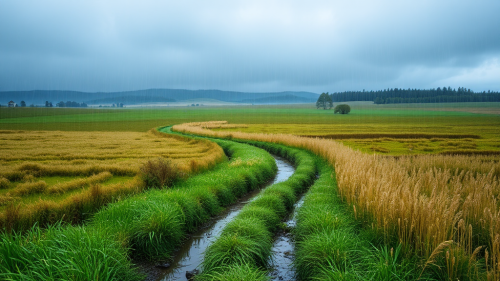 Field with path on rainy day.