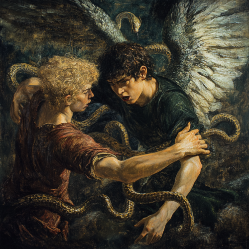 Fierce battle between winged demon and angel, dark background.