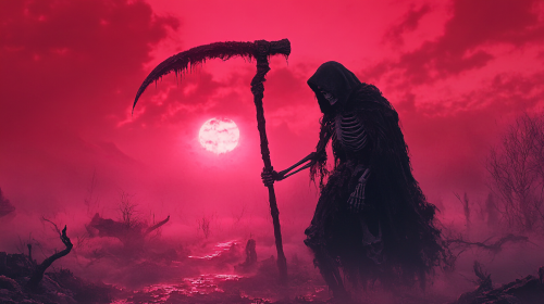 Fierce skeleton in black cape wields scythe.