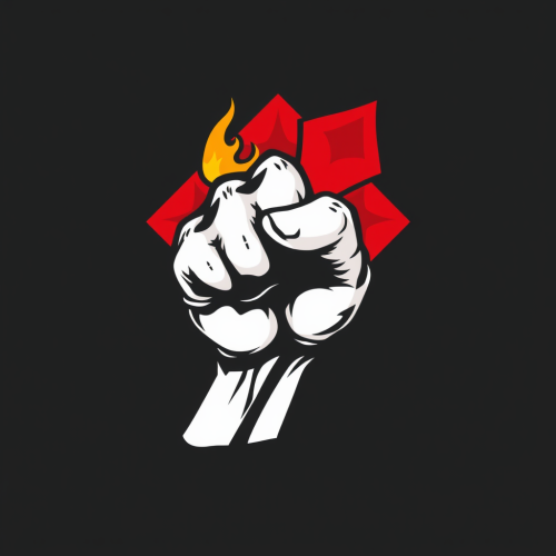 Fiery fist holds red diamond in logo sketch.