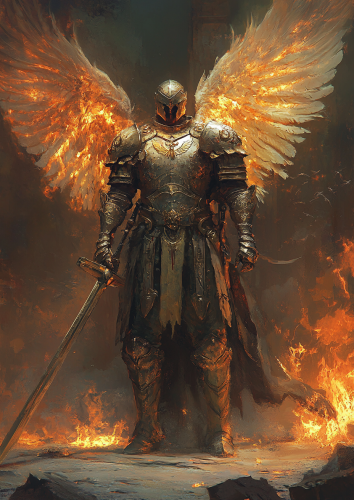 Fiery-haired fire giant priestess in medieval fantasy armor.