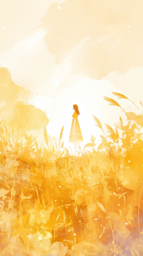 Figure in field at sunset with ghostly memories around.