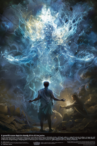 Figure torn between revenge and restraint, divine justice depicted. Figure torn between revenge and restraint, divine justice depicted.