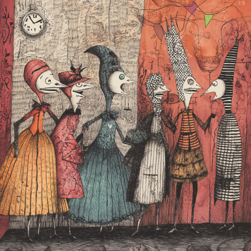 Figures in strange puppet show with eerie expressions.