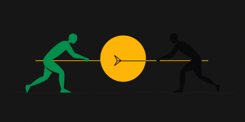 Figures interact with colorful circles and arrow in center