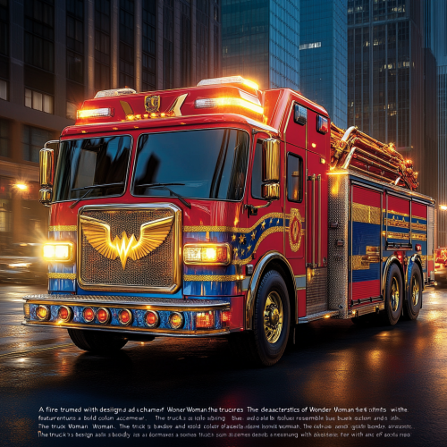 Fire truck inspired by Wonder Woman, glowing golden accents.