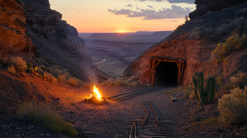 First person at campfire near mining cavern at dawn.