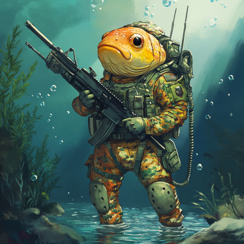 Fish in military uniform with rifle underwater scene. Fish in military uniform with rifle underwater scene.