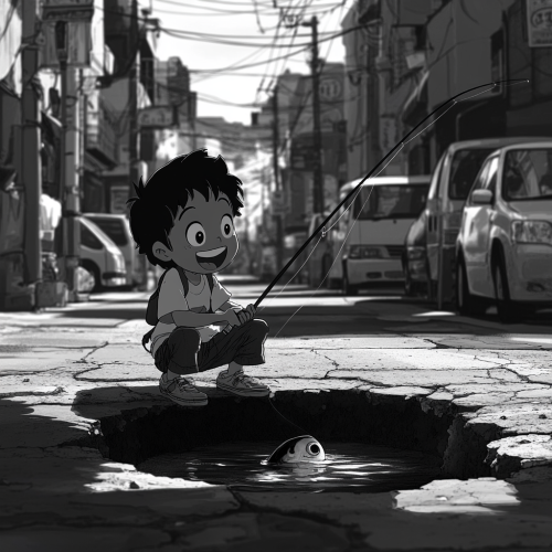 Fishing boy in Disney style sits in road pothole