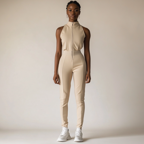 Fit female model wears sleek active-wear jumpsuit