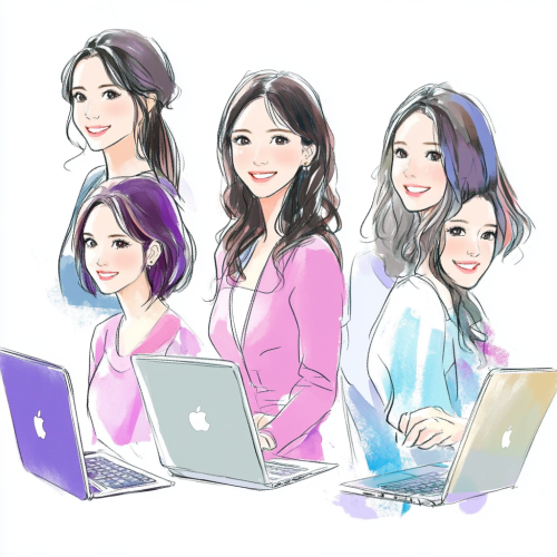 Five Japanese women holding Mac computers, smiling. Glossy hair, purple and blue gradients.